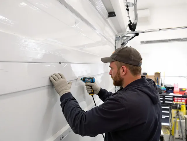 Rowland Heights Garage Door Repair technician demonstrating precision dent removal techniques on a Rowland Heights garage door