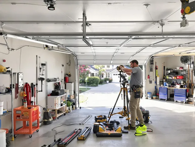 Rowland Heights Garage Door Repair specialist performing laser-guided track alignment in Rowland Heights